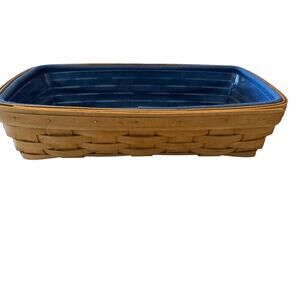 Longaberger Bread Basket Blue Cloth Liner Plastic Protector 14 inches Wide EUC